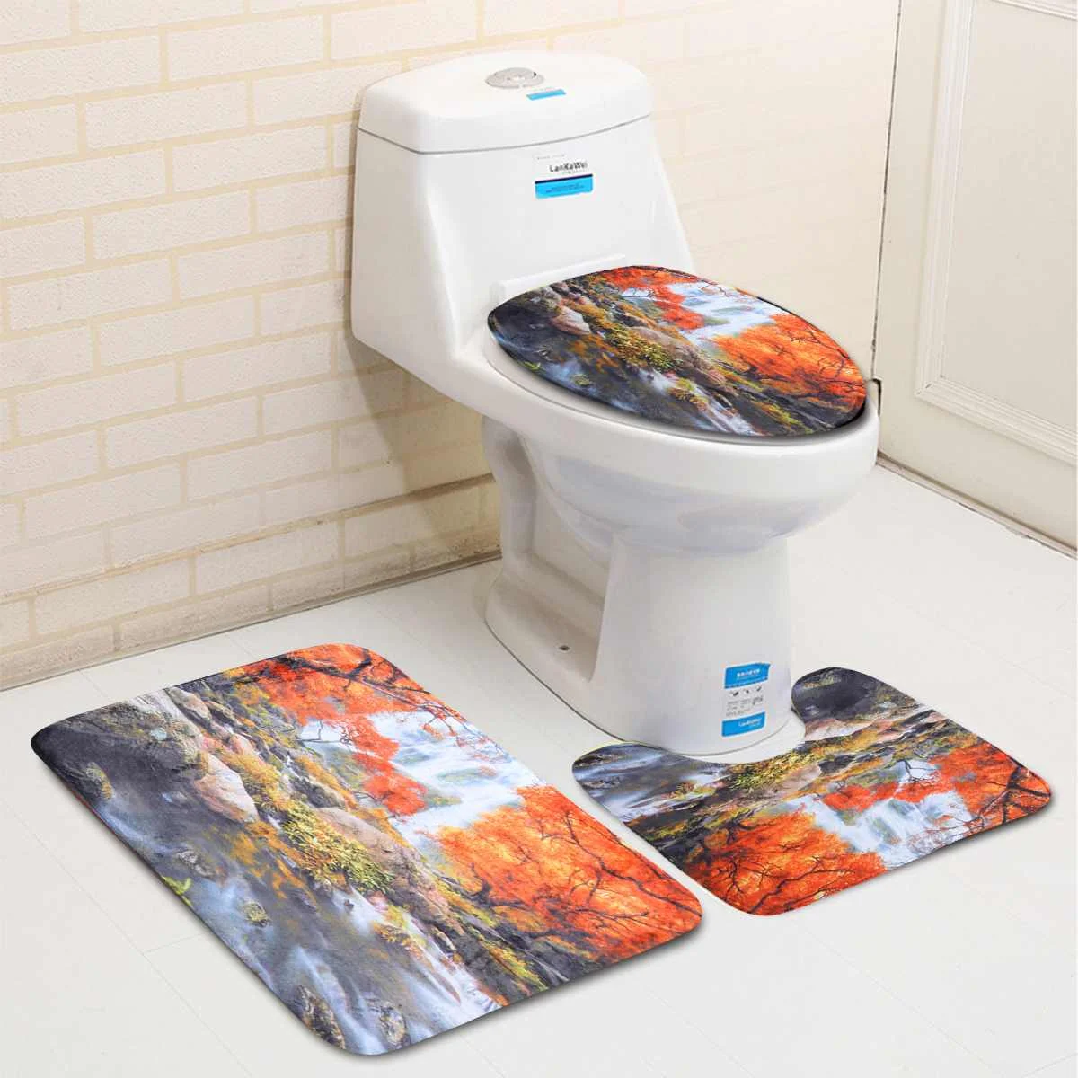 Maple Leaf Printing Bathroom Shower Curtain Bath Mat Toilet Cover Mat Non-Slip Rug Accessories Sets Waterproof Curtain