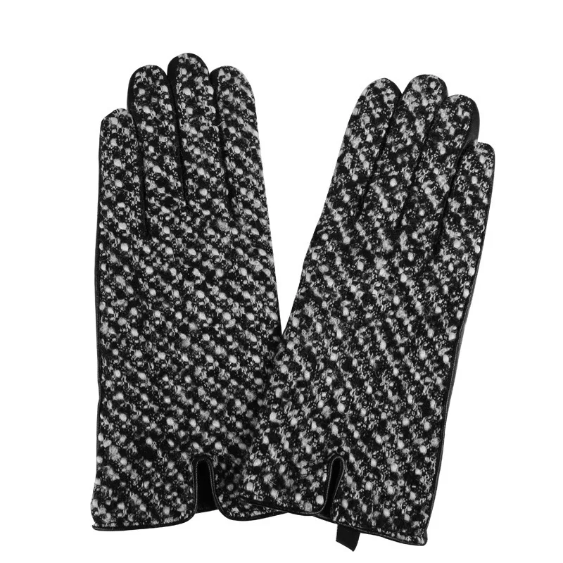 Autumn Winter Woman's Gloves Sheepskin Patchwork Driving Leather Gloves Warm Lined Female Mittens A1051-1