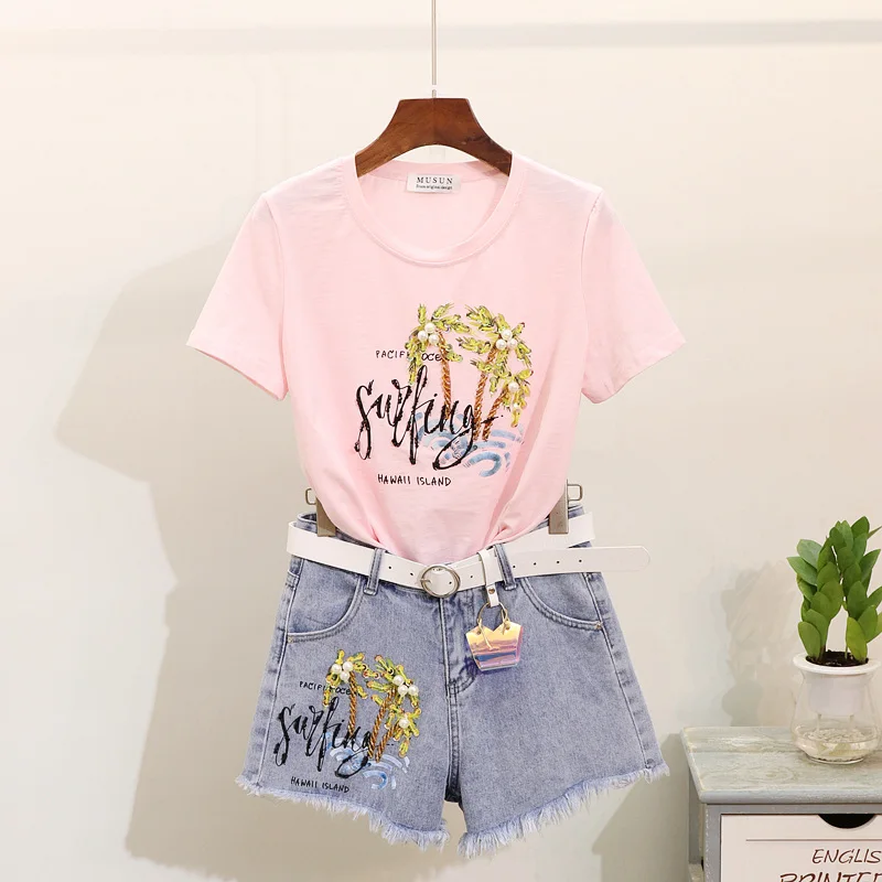 

Summer Sequins Printed Shorts Suit Round Neck T Shirts + Short Jeans Women Fashion 2pcs Set Outfits