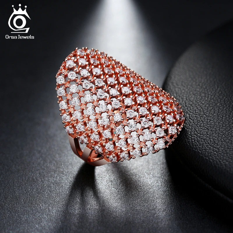 ORSA JEWELS Fashion Silver Color Party Rings for Women with 82 Pieces Clear Cubic Zirconia Rose Gold Color Finger Ring OR92