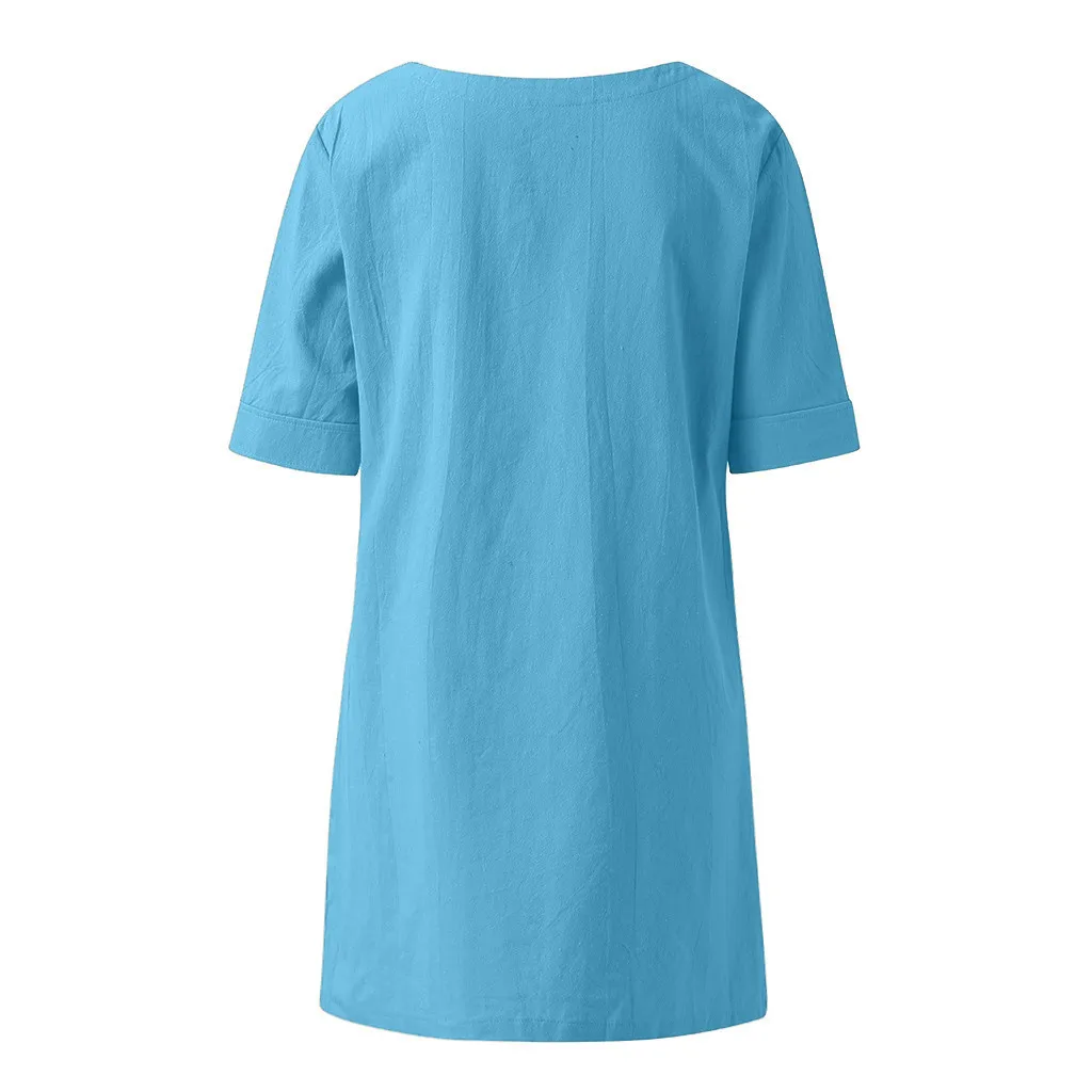 Женская рубашка-туника большого размера, Женская однотонная Асимметричная блуза с v-образным вырезом, блузка с коротким рукавом и карманами, blusas mujer de moda