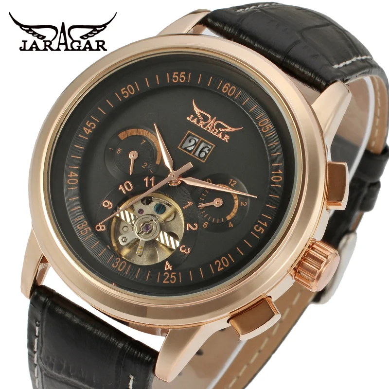 

Jargar Automatic rose gold color men wristwatch tourbillon black leather strap free shipping JAG16557M3R1