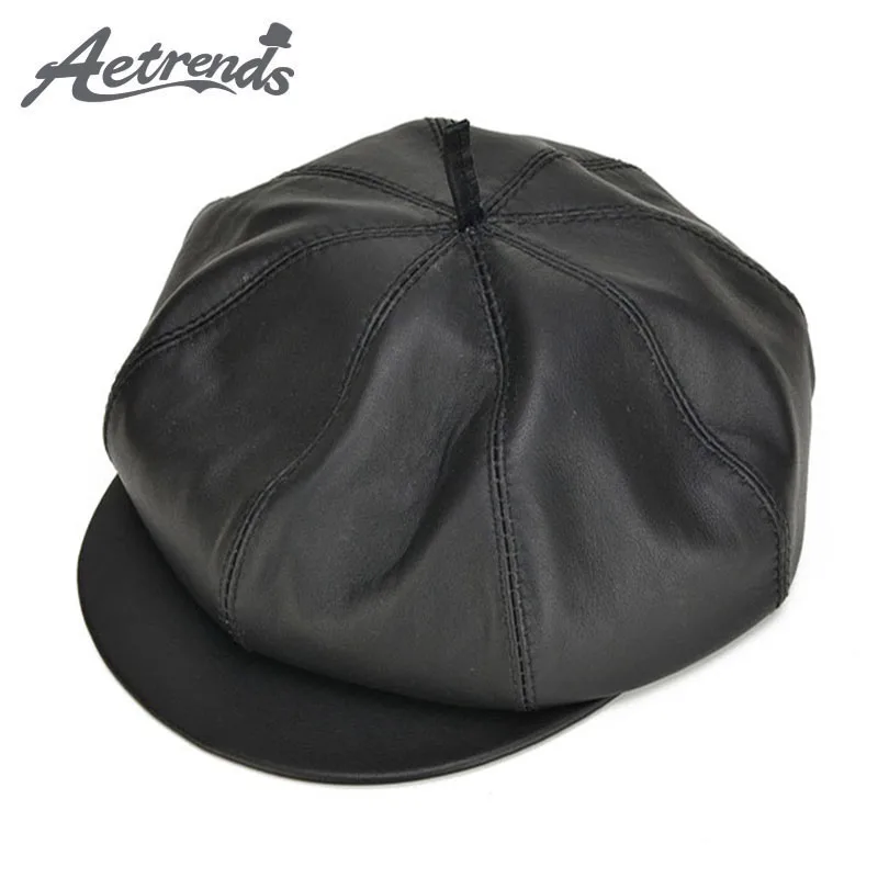

[AETRENDS] Casual Octagonal Cap 100% Leather Sheepskin Newsboy Beret Caps for Men Women Z-5302