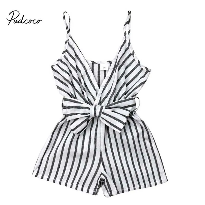 

2019 Brand Newborn Infant Baby Girl Striped Clothes Strap Romper New Fashion Summer Bowknot Sleeveless Holiday Jumpsuit Playsuit
