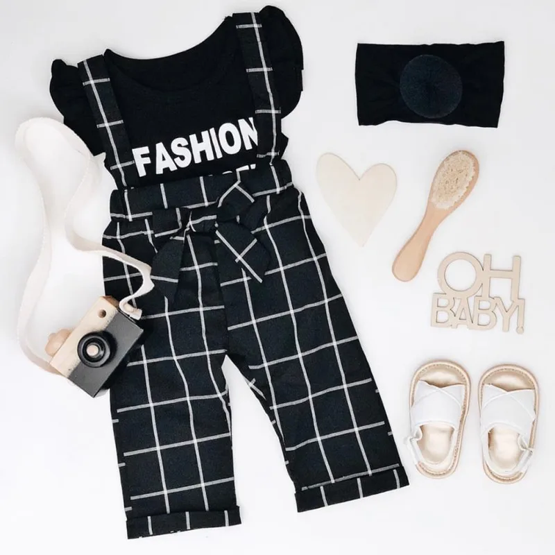 

Lovely Baby Newborn Girl Flare Sleeve Letters T-shirt Tops+Plaid Strap Pants Shorts Casual Sets 1-5T Toddler Girl Clothes