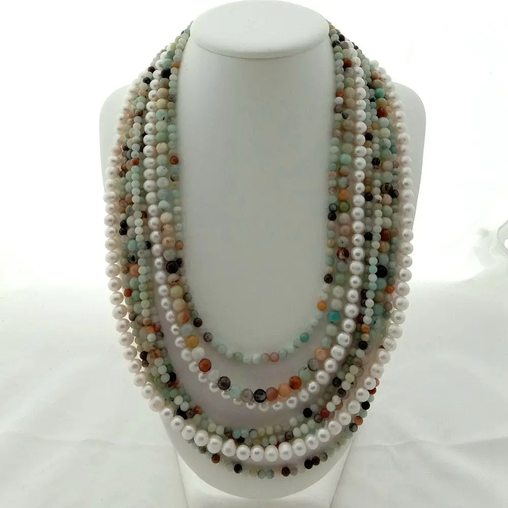

8 rows 19"-23'' White Pearl Mixed Color Stone Amazonte Necklace