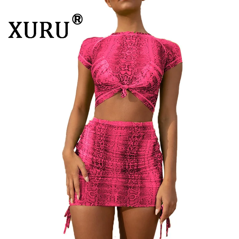

XURU Summer New Women's Dress Two-piece Fluorescent Short Sleeve Sexy Large Size Dress Set