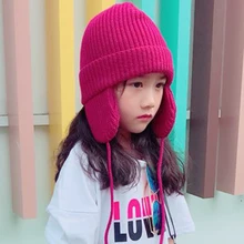 HT2118 Детские зимние штаны шапка для мальчиков и девочек Теплые зимние лыжные Earflap Кепки одноцветное шапка прямой вязки шапка Skullies шапочки детей России шляпу