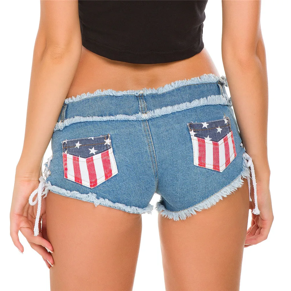 

Plus size Sexy Short Jeans New Arrival Casual Summer Hot Sale Denim Women Shorts Low Waist Flag Print Fast Ship