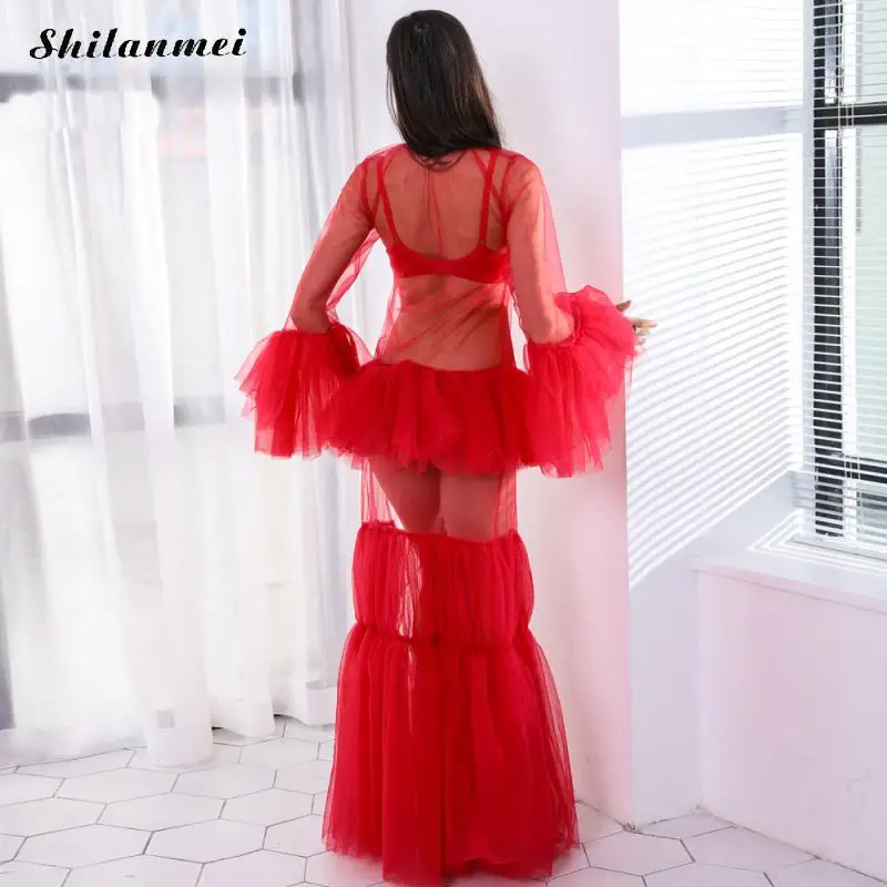 Новые пикантные однотонные See Through Look в пол длина с боковыми ночной клуб платье Flare