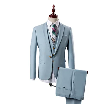 

Fashion Slim Suit Light Blue Casual Men Stage Wear For Singer Skinny Gentleman Costume Mariage Homme (Blazer+Pants+Vest)