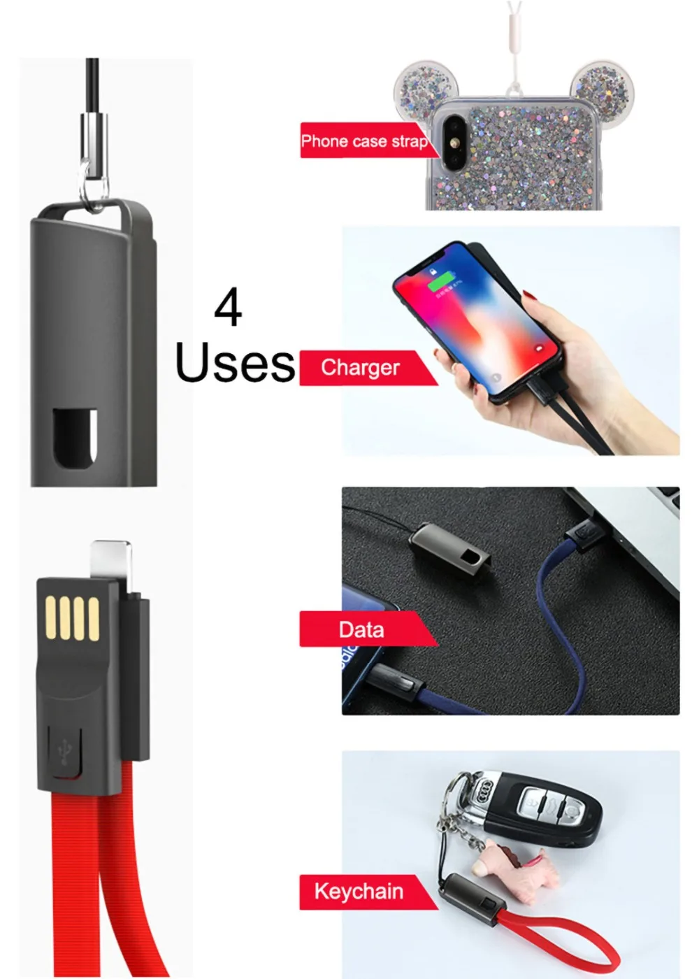 Брелок, кабель, ремешок, зарядка, Micro USB, быстрое зарядное устройство, шнур синхронизации для iPhone, Android, type-C, USB провод, кабель для мобильного телефона