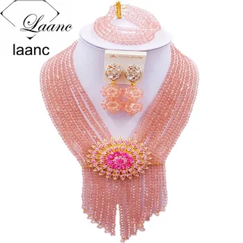 

Laanc Crystal Beaded Peach African Beads Jewelry Set Nigerian Wedding Bridal Jewelry Sets S8RSK009