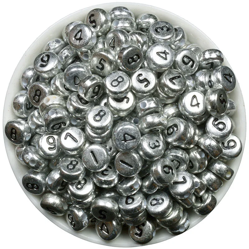 

7mm Silver Mixed Numbers Alphabet Letter Acrylic Flat Round Spacer Beads for Jewelry Making DIY 200Pcs