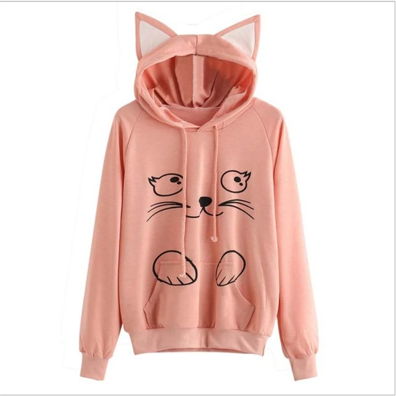 2019 черный для женщин Kawaii кошачьими ушками толстовки Топы корректирующие милый