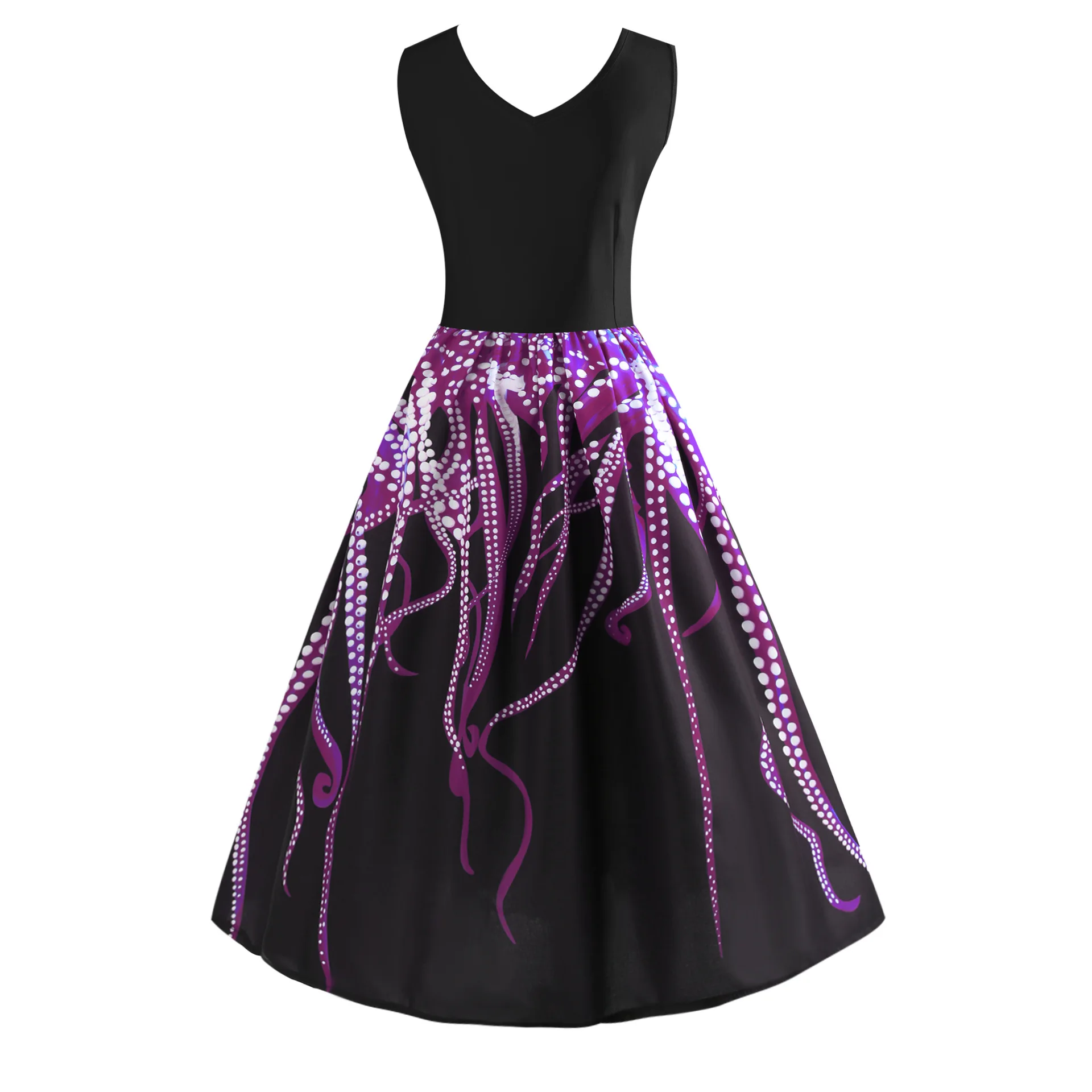 Винтажное платье Одри Хепберн черного цвета с принтом осьминога летнее ретро платье Большие размеры рокабилли Feminino Vestidos