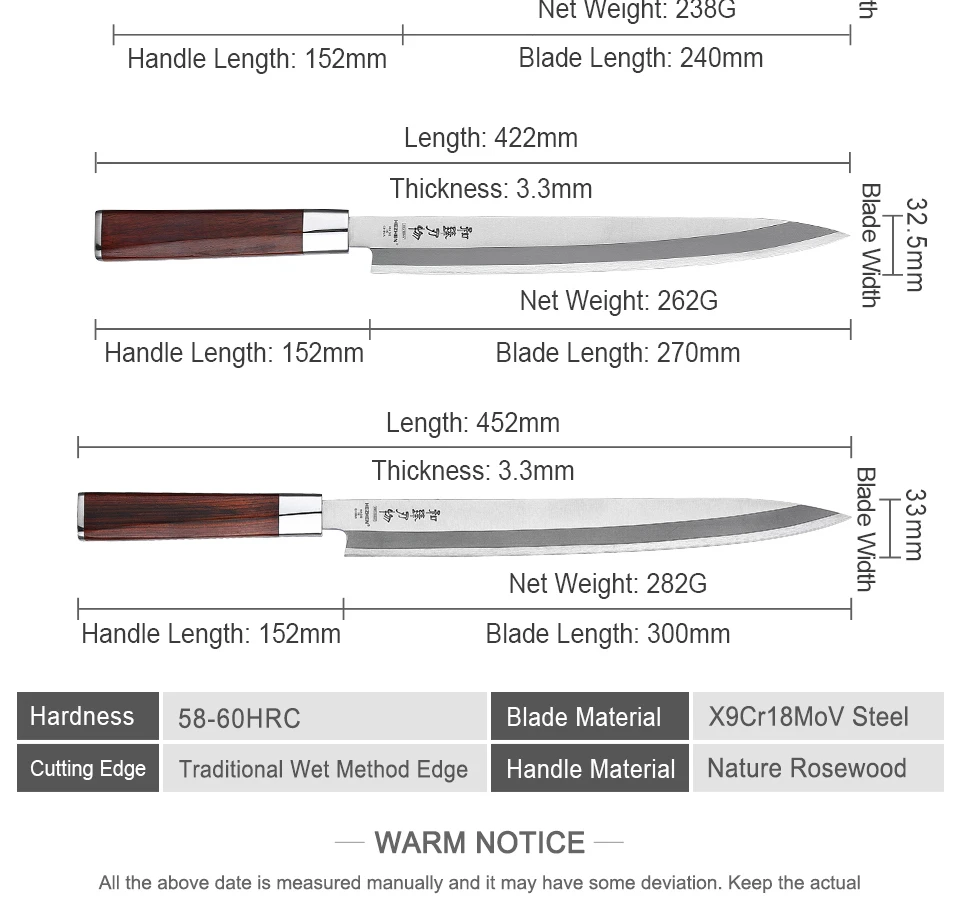 HEZHEN 240/270/300mm нож для суши X9Cr18Mov Сталь Pro Филейный Нож для рыбы лосось нож для суши Национальная кухня кухонные Ножи палисандр ручки