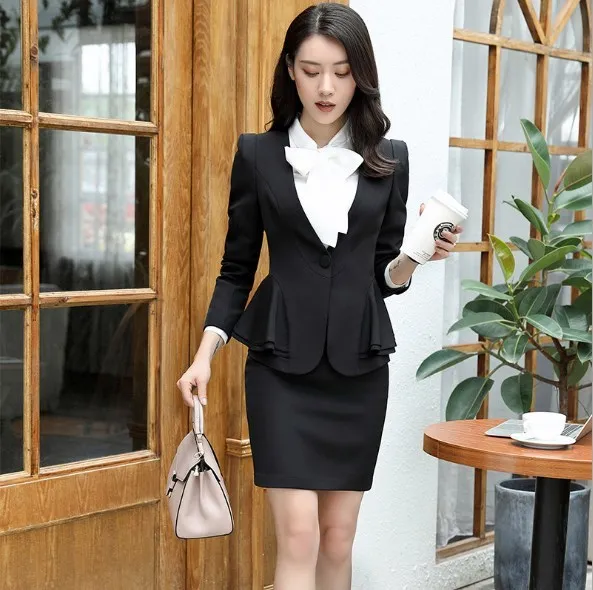 Women Formal Skirt Suit 2 Piece Work Blazer Sets Ladies Career Mini Skirts Suits Womens Top Jacket Skirt Black Red Beige 4XL