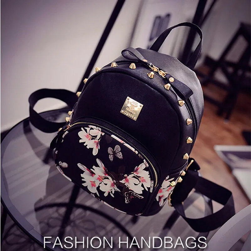  2017 New Fashion  Flower Butterfly Printing Women's Small Leather Backpack Rivet Girl Schoolbag Ladies Travel Mini Backpacks Bag 