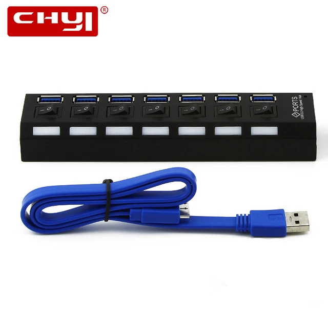 Chyi супер Скорость концентратор USB 3.0 5 Гбит 7 Порты USB-HUB сплиттер с на/выключения взвода вставить Компьютерная периферия аксессуар - Цвет: No Power Adapter