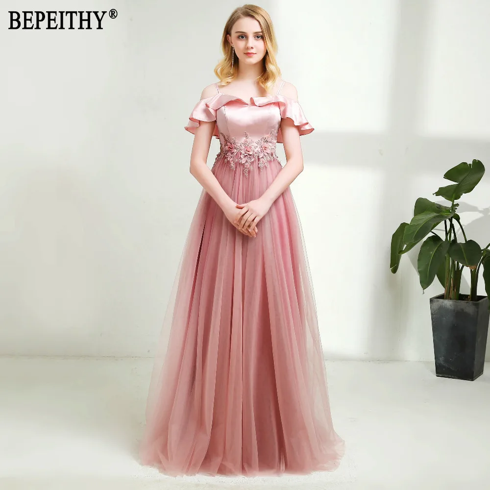 BEPEITHY vestido de festa дизайн вырез лодочка, Аппликация из бисера тюль платье для выпускного вечера Длинные розовые вечерние платья