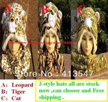 2017 Fashion Lovely New Plush Animal HatsTiger leopard Cartoon Soft Warm Hats Long Scarf Gloves Winter