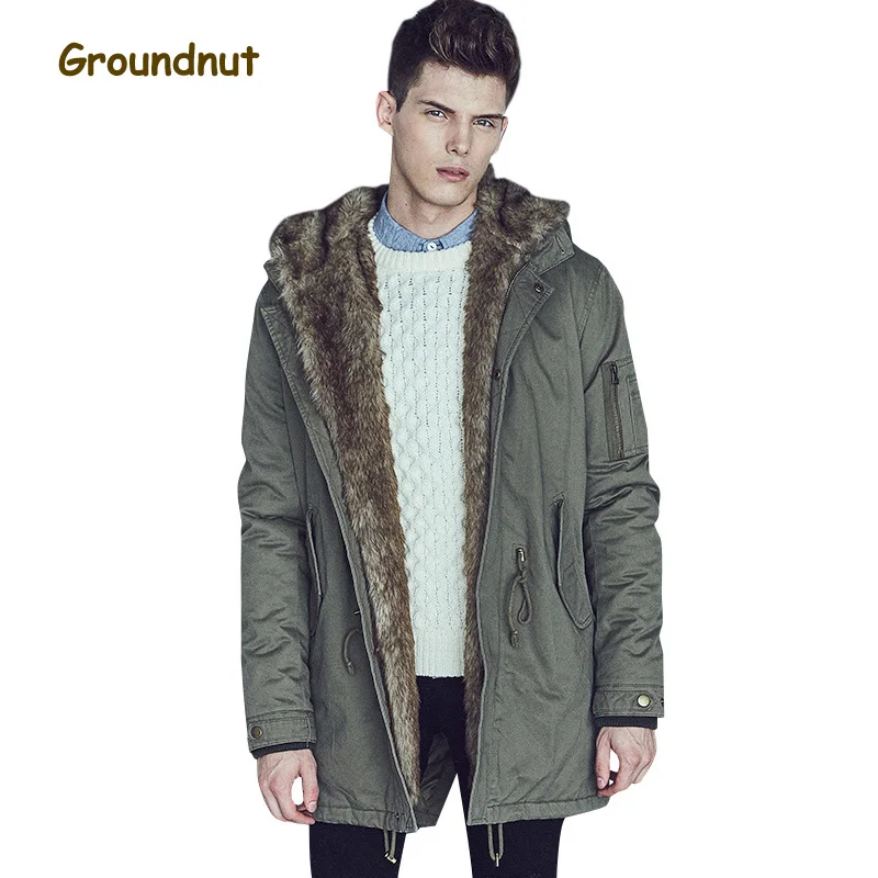 

Groundnut Brand Fashion Thickening Fleece Lining Warm Winter Parkas Men Plus Size Medium Length Cotton Coat Outerwear With Hood