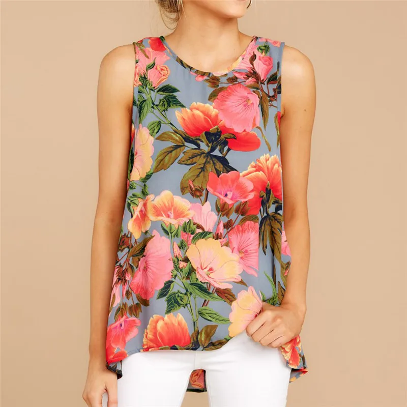 

2019 Summer Women Tops and Blouses Vintage Floral Patterned Sleeveless Tops Casual O-Neck Loose Tee Shirt Boho Beach Blusas