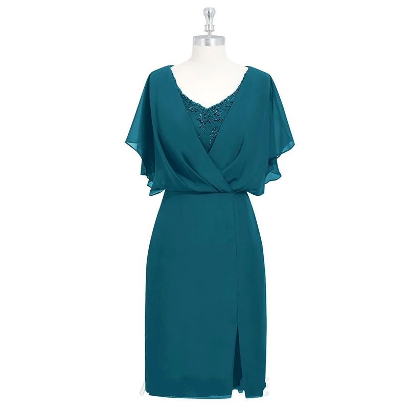 Turquoise Green Mother Of The Bride Dresses Elegant V Neck Appliques Sheath Knee Length Split Wedding Guest Dresses