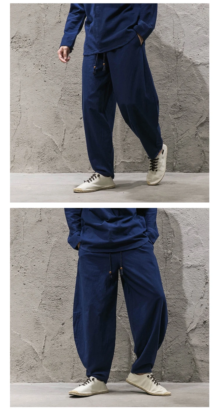 Новые осенние Для мужчин хлопок комплектов белья мужской китайский Стиль Повседневное с длинным рукавом Свободная футболка с брюками