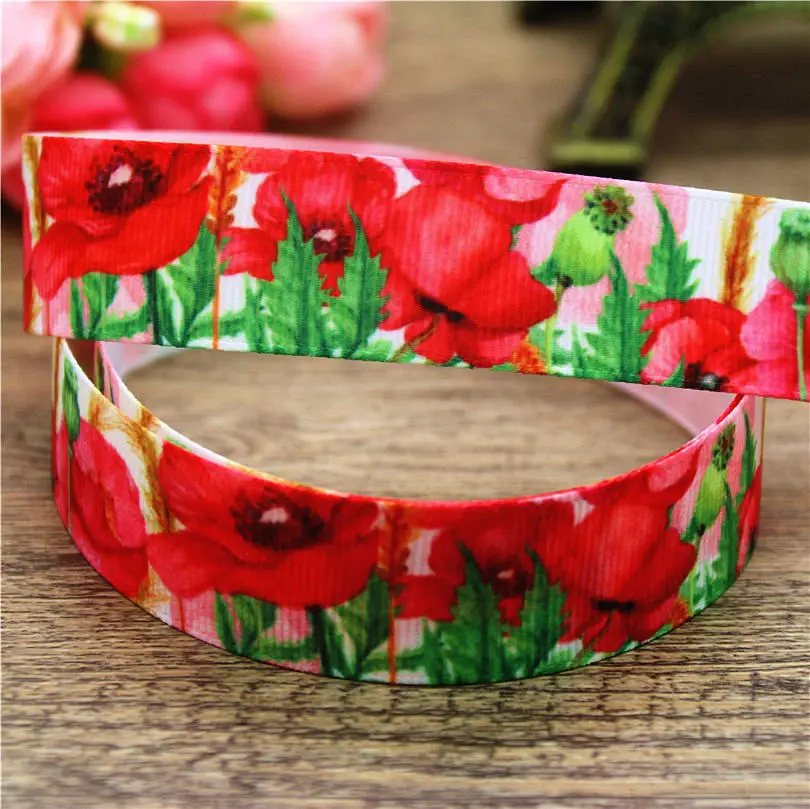 DHK 7/8'' Flowers Cherry Printed Grosgrain Ribbon Accessory Material Headwear DIY Decoration 22mm S759