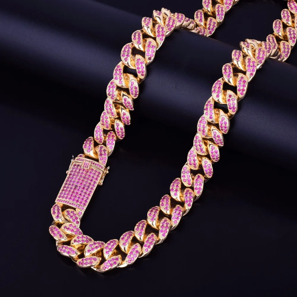 20 мм тяжелое розовое циркониевое кубинское ожерелье цепочка большое колье Bling хип хоп мужские ювелирные изделия Золотое серебро звено 1" 18" 20"