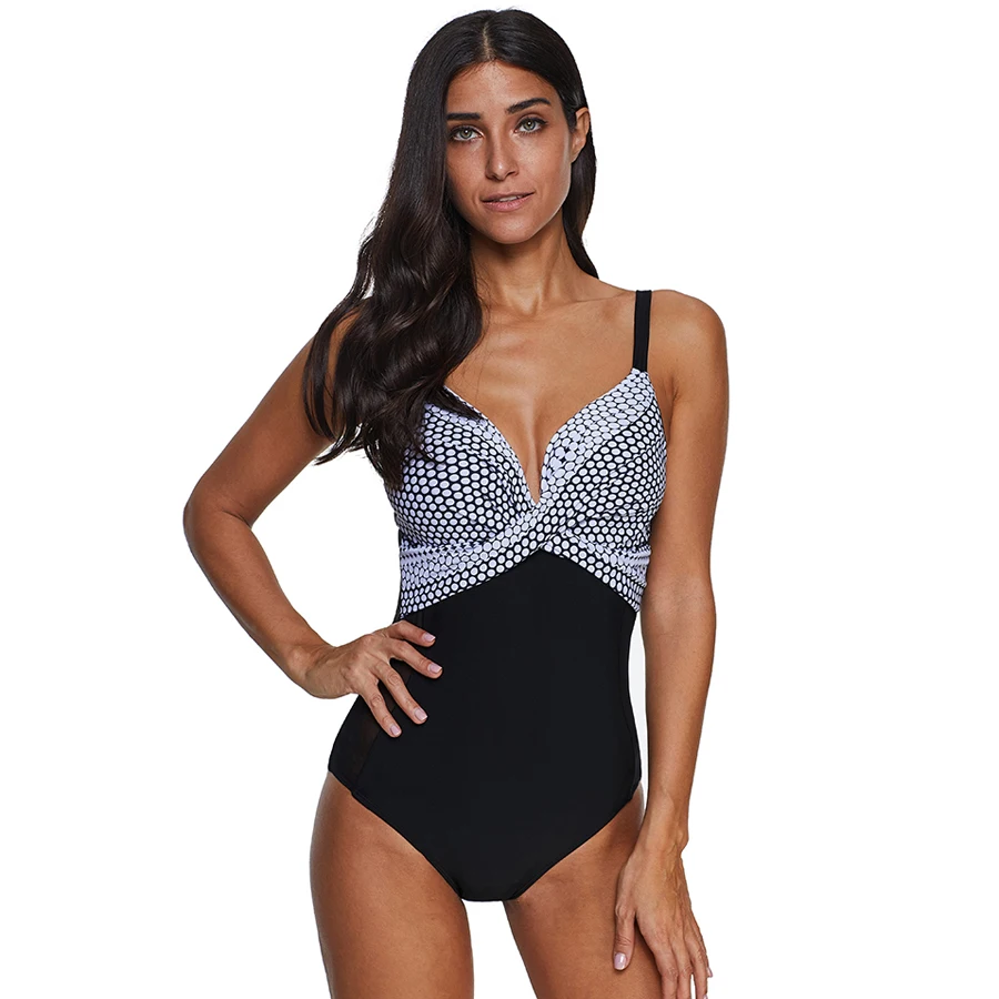 

Plus Size 5XL Women One Piece Swimwear Dot Print Swimsuit Cross Bathing Suit Beachwear Monokini Bikini