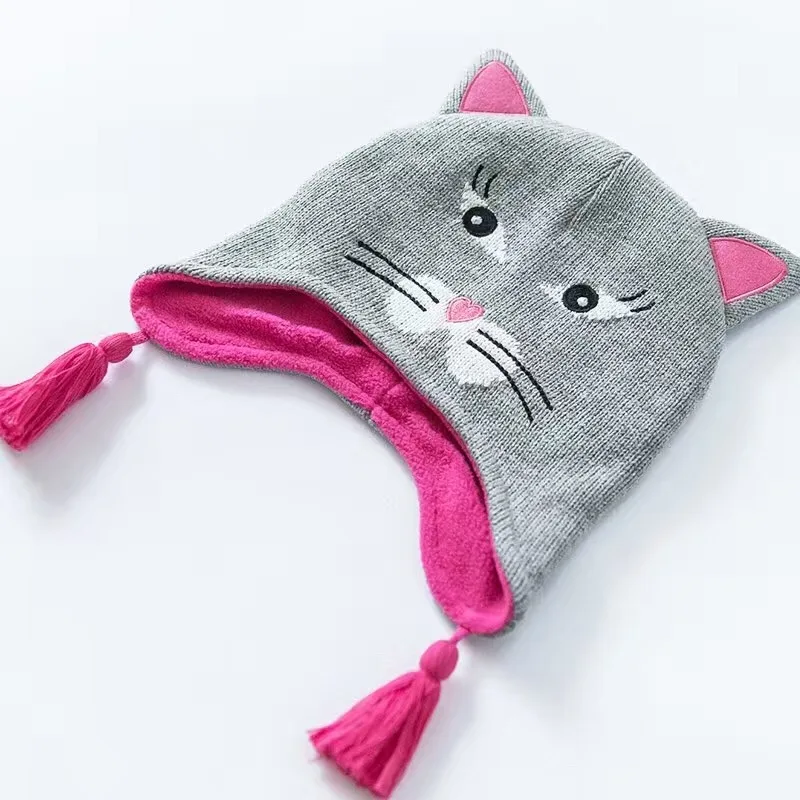 Ash Baby Cat Hat Хлопок Вышивка крючком Детские шапочки Дети Осень-Зима теплые детские Кепки ручной работы трикотажный ветрозащитный Наушники для женщин кепки