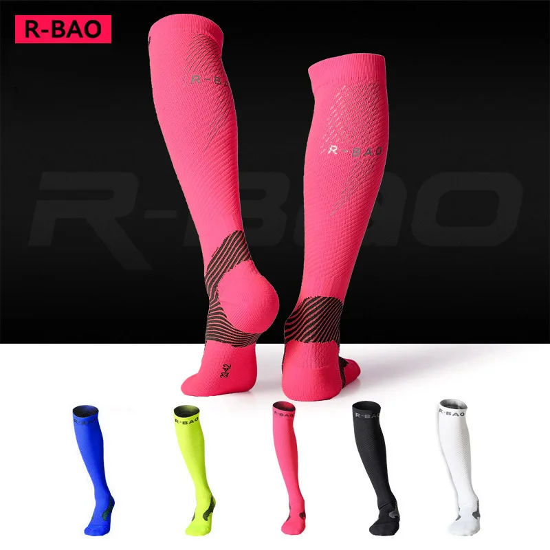 Профессиональные велосипедные компрессионные чулки противоскользящие Защита ног для марафона бегунов Велоспорт ночной бег Светоотражающие длинные носки - Цвет: Розовый