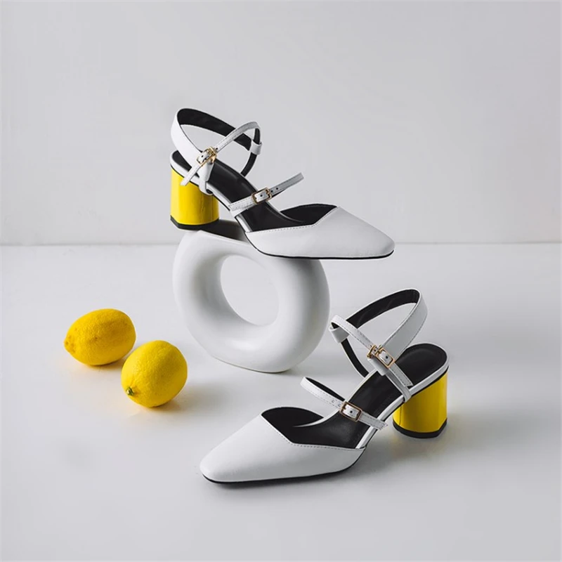 MSSTOR Buckle Strap Ladies Pumps Party Genuine Leather Yellow Fashion Summer High Heels Shoes Women Square Toe Women Sandals MSSTOR Buckle Strap Ladies Pumps Party Genuine Leather Yellow Fashion Summer High Heels Shoes Women Square Toe Women Sandals