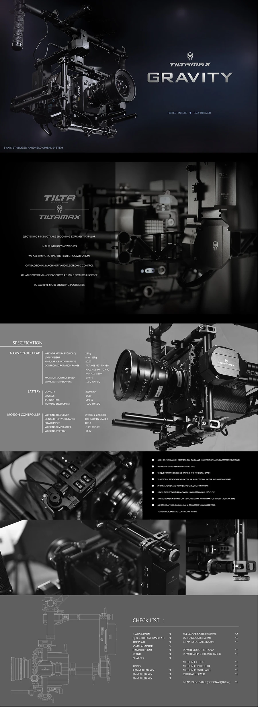 TILTA TILTAMAX GR-T03 тяжести 3-осевой шарнирный стабилизатор для камеры GoPro Ручной штатив «стедикам» для Системы 15 кг нагрузки для Камера красный SONY F55 FS7 ARRI