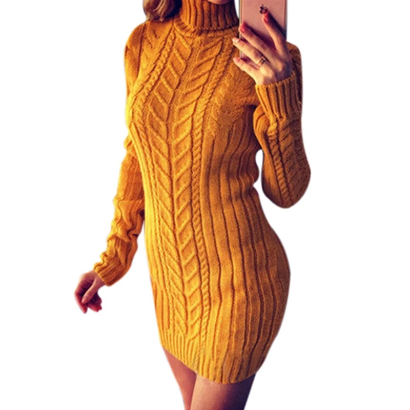 

2019 Knitting Long Sleeve Slim Sweater Dress Autumn Winter Turtleneck Thick Pullover Abrigos Mujer Invierno Ez*