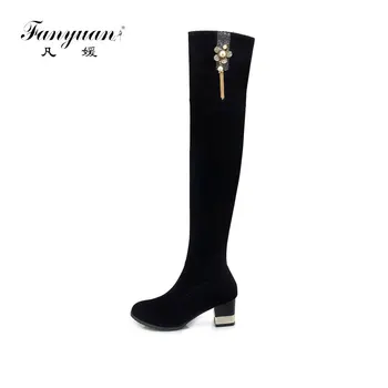 

Fanyuan Womens Velvet Boots Fashion Side Zipper Over the Knee Boots High Heels for Woman Thigh High Boots crystal boots