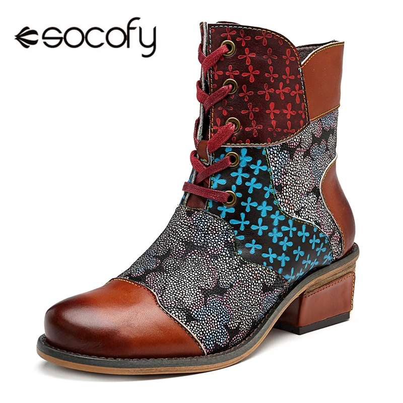 

Socofy Retro Western Cowboy Ankle Boots For Women Shoes Woman Patchwork Genuine Leather Block Heel Knight Winter Boots Botas New