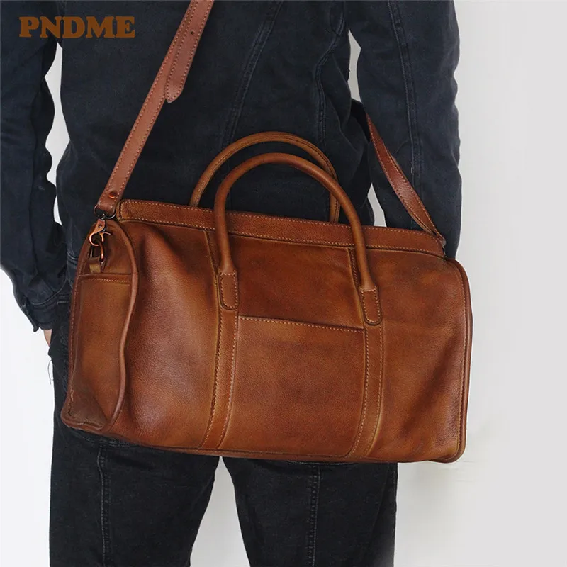 PNDME vintage genuine leather men women travel bag simple soft cowhide handbag luggage bag shoulder crossbody bags duffle bag