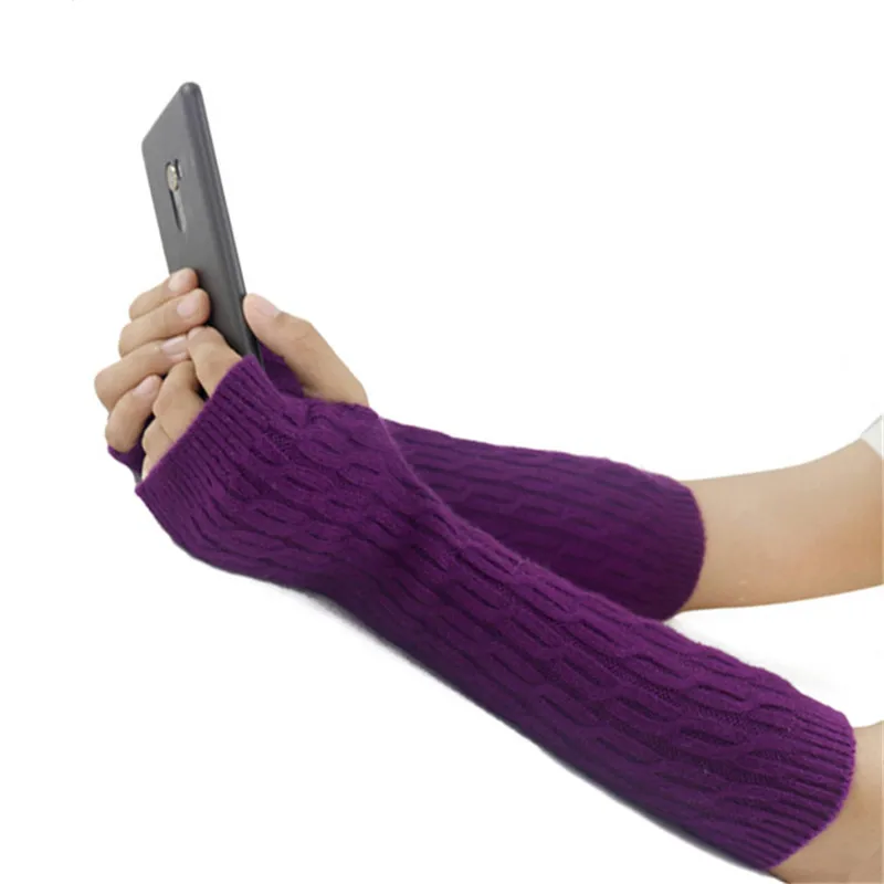 Женские длинные перчатки без пальцев, зимние женские шерстяные кашемировые перчатки, вязаные теплые меховые перчатки с скручивающимся коленом, 8 цветов - Цвет: Purple