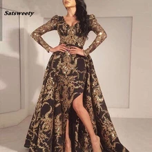 Роскошное черное Золотое блестящее вечернее платье русалки с длинными рукавами, Саудовская Аравия, Дубай, марокканские Сексуальные вечерние платья для выпускного вечера