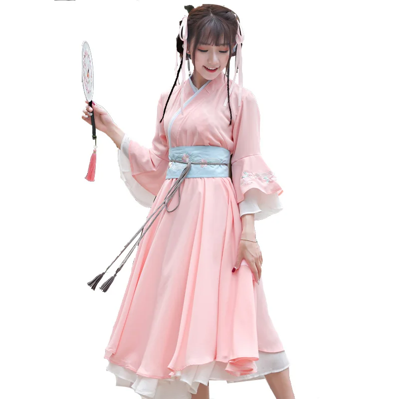 Summer National Daily Women Dress Improved Han Chinese Clothing Vintage Cross Collar Double Dress Expansion Han Element Dress5