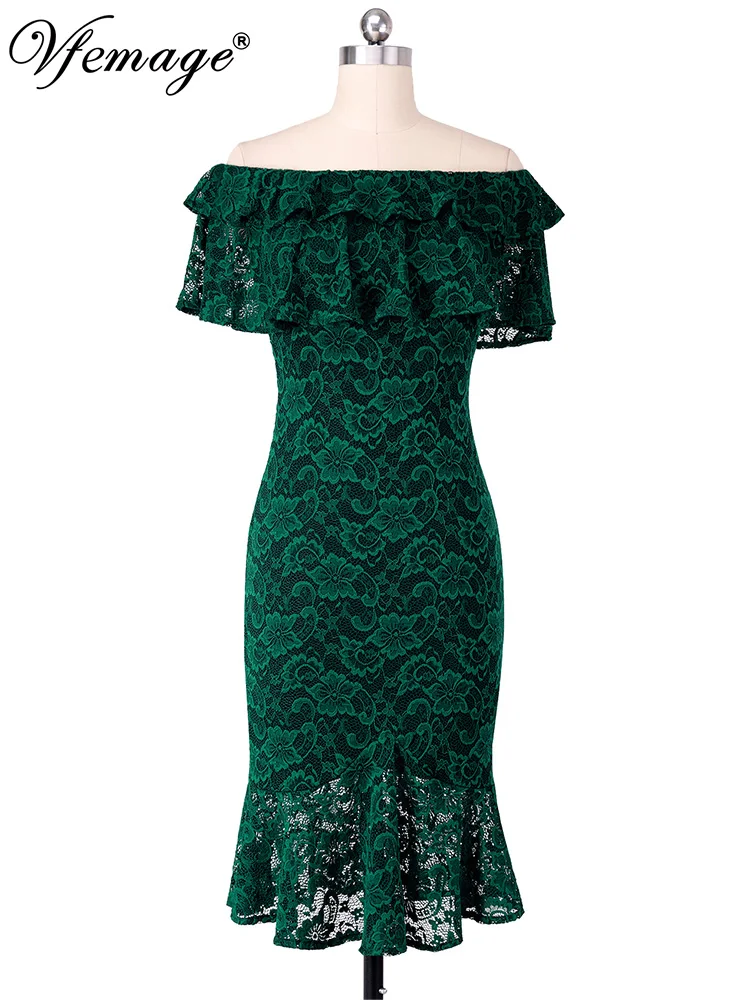 Vfemage женское сексуальное многослойное гофрированное платье с открытыми плечами из кареточной ткани с кружевной баской по подолу тонкое облегающее платье-карандаш Русалка рыбий хвост миди 2352