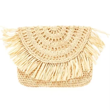 

New Mini Hand Bag Straw Fringed Beach Handmade Clutch Bag Straw with Tassel for Women