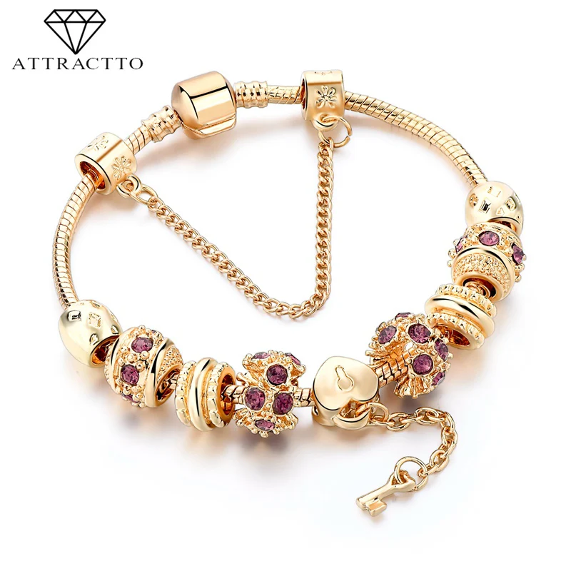 

ATTRACTTO Fashion Purple Crystal Key Charm Bracelet For Women Girl Gold European Diy Beads Bracelets&Bangles Pulseira SBR170014