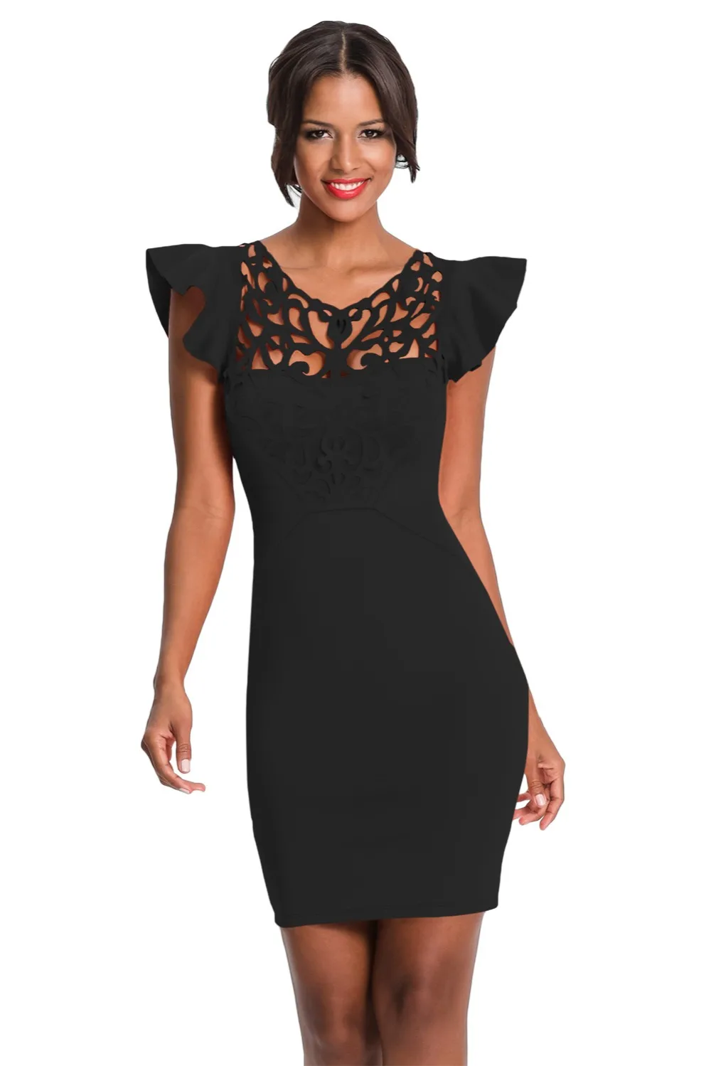 Black-Ruffle-Sleeves-Lace-Hollow-Out-Short-Cocktail-Dress-LC220287-2-1