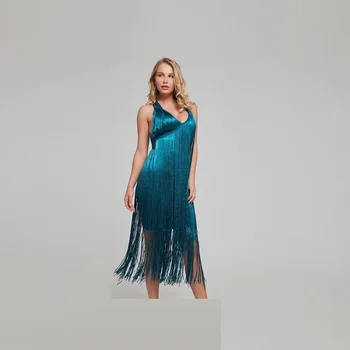 

Women Elegant Vestidos 2019 Blue Fashion Tassel Bandage Solid Sexy V-Neck Backless Club Dresses Summer Sleeveless Midi Dress