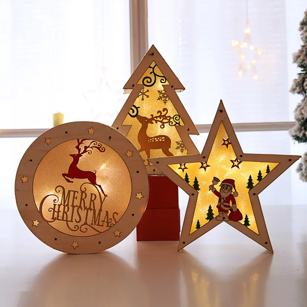

2018 New LED Light Wood House Cute Christmas Tree Ornaments Window Holiday Christmas Decorations For Home